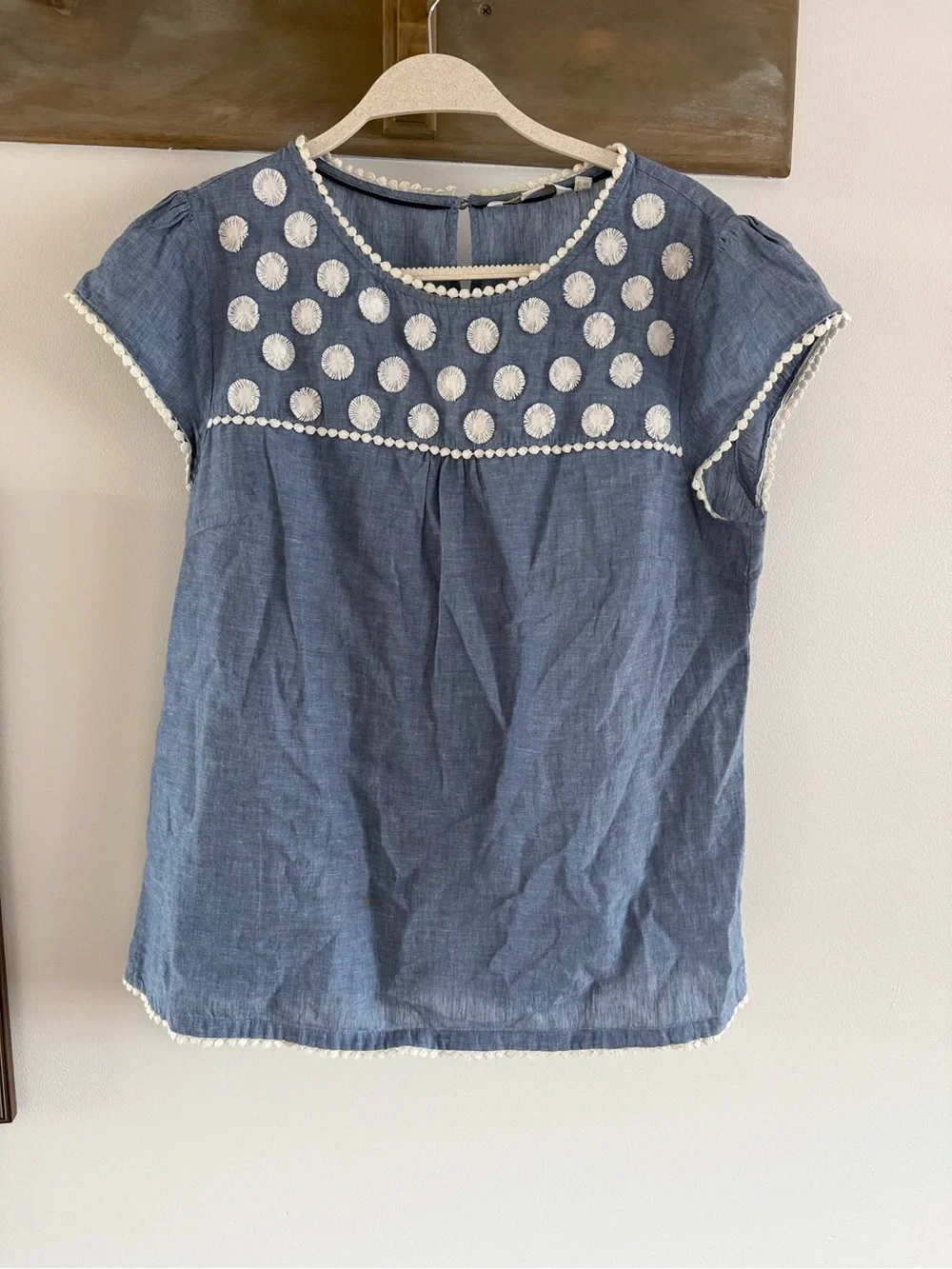 Boden Chambray Blue Cotton Top with White Pom Trim - Picture 1 of 3